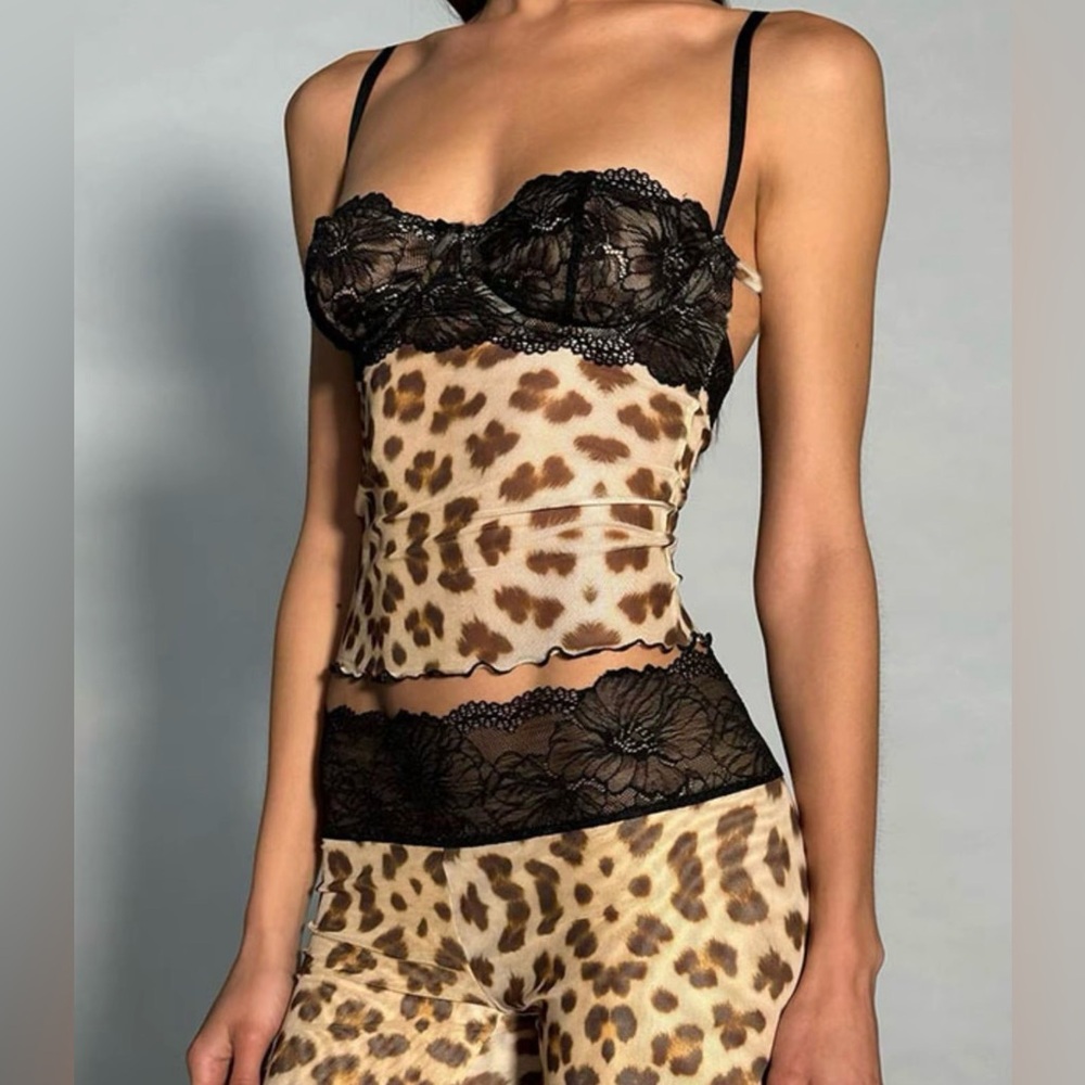 Leopard Print Lace Trim Lingerie Set